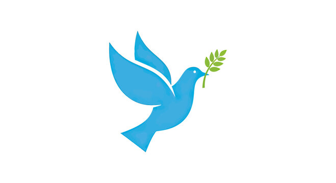 Blue peace dove flying with olive branch