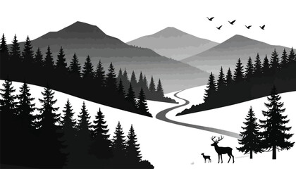 Black and white illustration of camping elements tent mountains campfire and vehicle © MdSafi