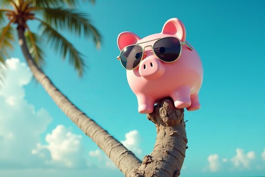 Fun Retirement Savings: Playful Image of a Pink Piggybank with Sunglasses on a Crooked Palm Tree Trunk, Set Against a Vibrant Blue Sky