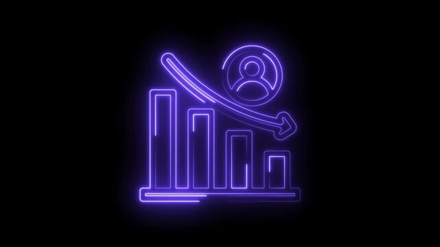 Neon purple bar graph icon with downward trend arrow and user silhouette symbolizing declining