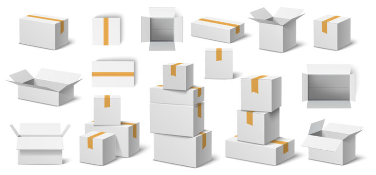White cardboard boxes. Empty realistic packaging. Open and closed containers. Individual and grouped objects. Transportation packages stack top or side view. Warehouse crates vector set