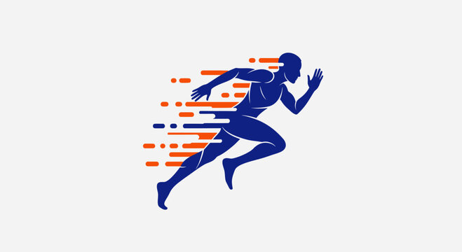 Blue athlete silhouette sprinting with orange motion lines.