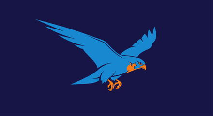 Fototapeta premium Blue and orange hawk soaring on dark blue background.