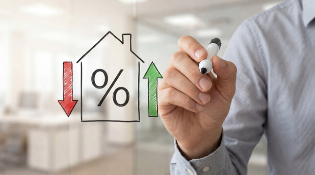 Businessman Illustrating Real Estate Interest Rate Fluctuations with House and Arrows