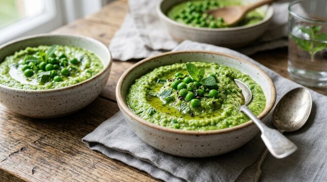 Bowls of fresh homemade green pea soup on a rustic wooden table.