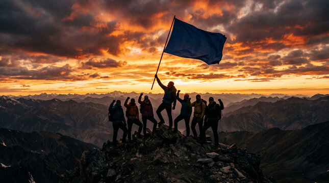 Group of hikers celebrating on mountain summit with blue flag at sunset.