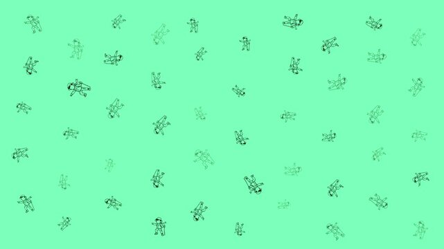 Seamless looping adventure character pattern animation with cute explorer figures on a mint green background. Playful cartoon motion graphic ideal for kids, travel, and fun themed projects.