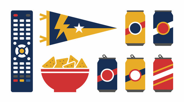 Sports party icons set with remote control pennant snacks and beverages