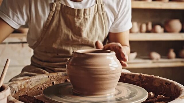 A skilled artisan shapes wet clay on a spinning pottery wheel