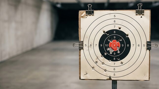 Paper shooting target with bullet holes at an indoor range