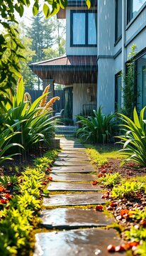Serene garden with gentle rain falling on plants and stone pathway in early morning sunlight at a contemporary home, Outdoor spaces, Foliage
