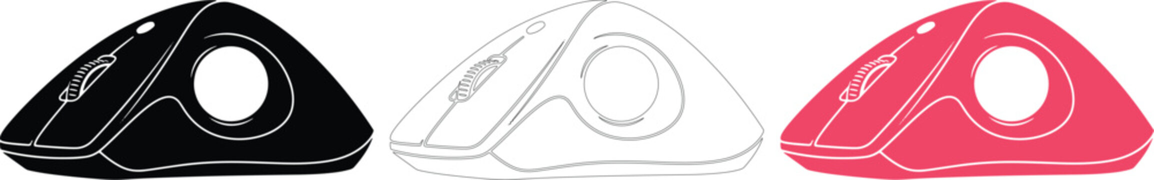 Set of three stylized computer mouse icons in black and red flat vector design