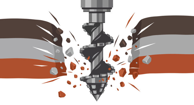 Metal drill bit penetrating through colorful layers of ground