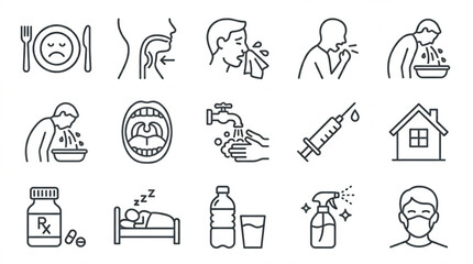 Fototapeta premium Cold and flu symptoms line icon vector set with sickness prevention medicine pill bottle and flu shot vaccine symbols