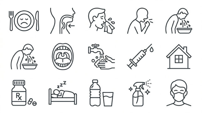 Cold and flu symptoms line icon vector set with sickness prevention medicine pill bottle and flu shot vaccine symbols