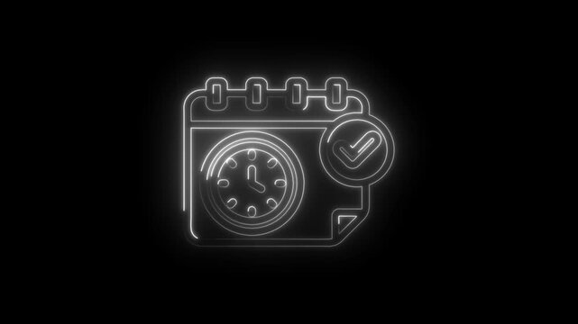 Neon Calendar Clock Checkmark Icon Animation Time Management Planning Schedule Task Completion