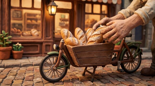 Claymation baker hands loading artisanal bread into a delivery bicycle box in front of a bakery