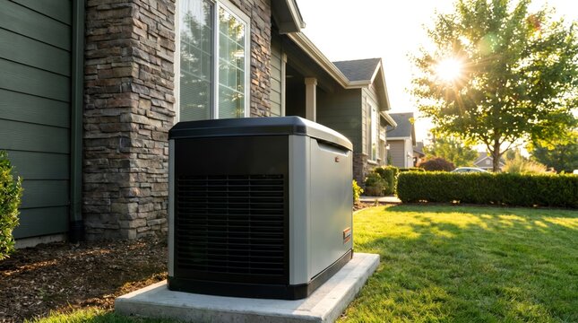 Modern grey and black residential backup power generator standing on a concrete pad outside home