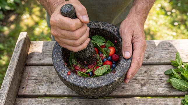 Hands crushing fresh mint and berries in stone mortar and pestle for mocktails