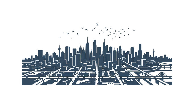 Detailed monochrome illustration of a sprawling metropolitan city skyline with urban infrastructure.