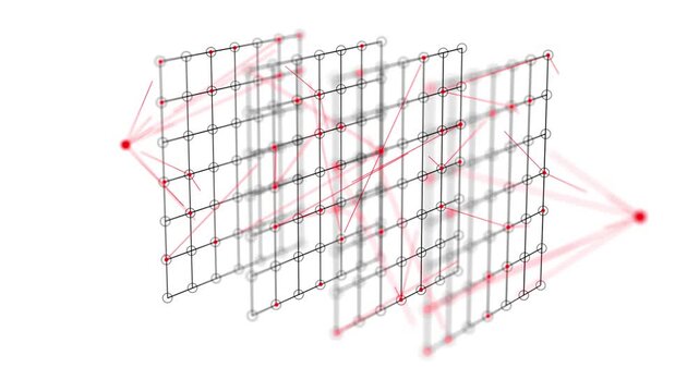 Neural Network Model &ndash; AI Machine Learning Concept - With Lens Blur
3D animation of a neural network architecture featuring interconnected nodes and data pathways. 