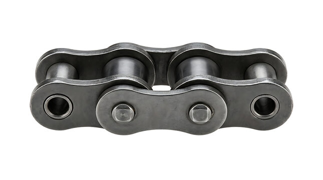Single metal roller chain link isolated on a white background, showing the mechanical construction of a heavy duty industrial drive component
