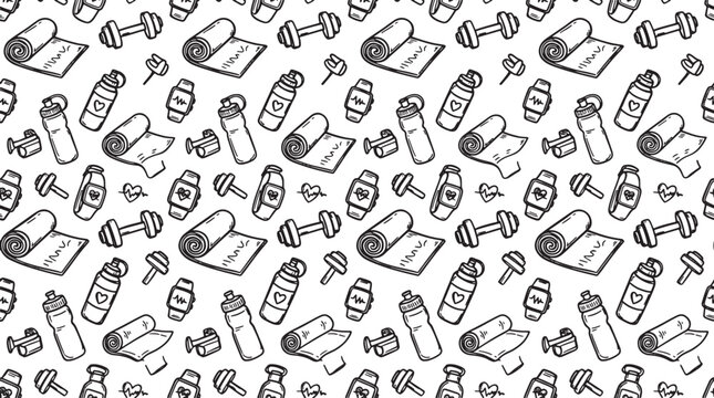 Fitness and workout equipment seamless pattern with hand drawn dumbbells yoga mats and water bottles vector illustration