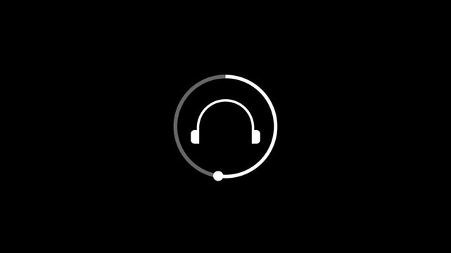 Animated white headphone icon with a circular loading progress bar on black background, audio stream processing or music buffering motion graphics.
