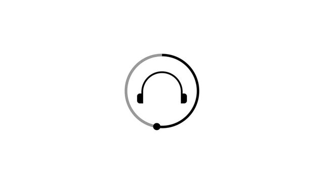 Animated white headphone icon with a circular loading progress bar on white background, audio stream processing or music buffering motion graphics.