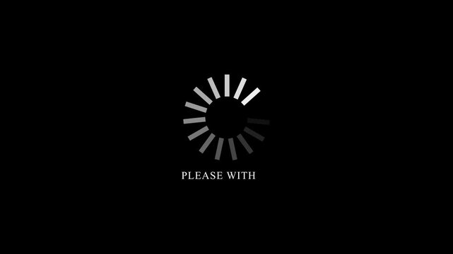 Animated minimalist circular loading indicator with "Please Wait" text on black background, buffering and data processing motion graphics, with 4k video animation.