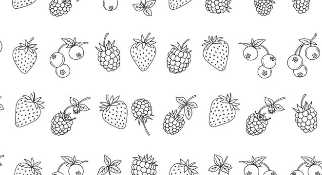 Hand drawn berry pattern with strawberries raspberries and blueberries in a simple black and white line art style