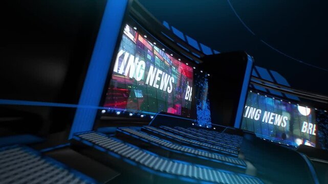 Futuristic 3D broadcast news studio background with breaking news screens and rotating digital globe