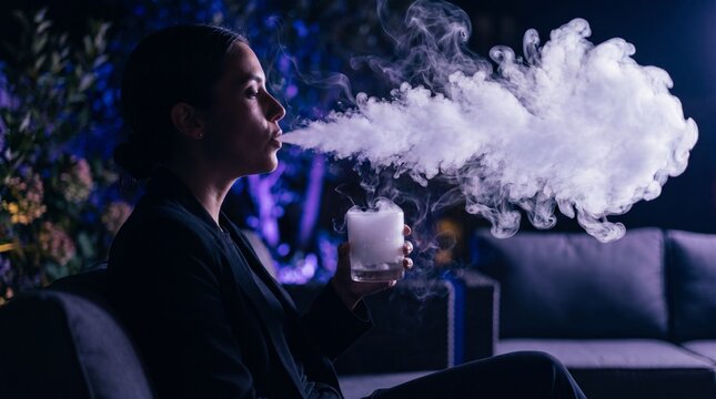 Woman exhaling large vapor cloud from dry ice mocktail in moody outdoor lounge at night