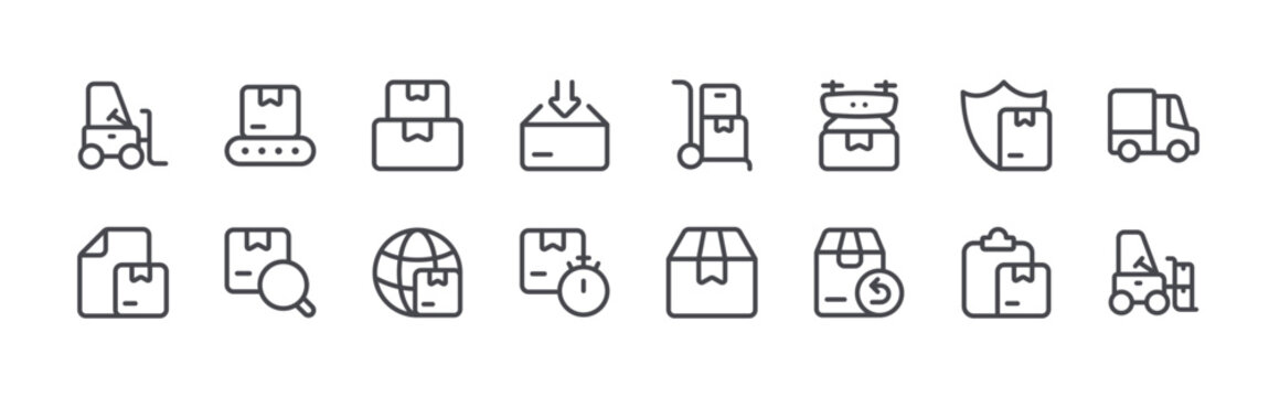 set of 16 thin line delivery elements icons including forklift, shipping, conveyor, parcel, box, shipping, parcel, box, trolley. editable stroke vector illustration isolated on white
