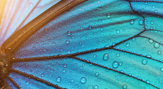 Gros plan d&eacute;taill&eacute; sur une aile de papillon bleu avec des gouttes de ros&eacute;e.