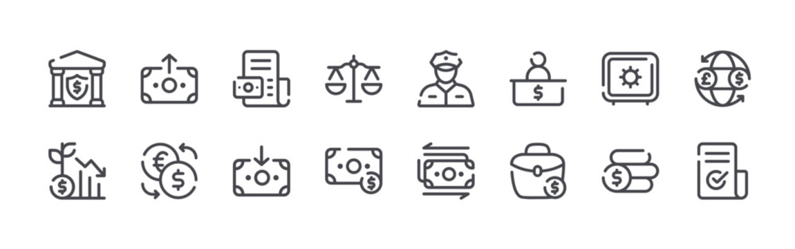 set of 16 thin line banking elements icons including bank, chart, money, currency, accounting, money, balance, money, security. editable stroke vector illustration isolated on white