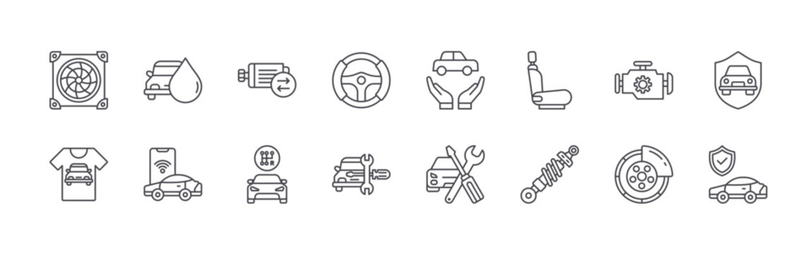 set of 16 thin line automotive ecommerce icons including cooling, apparel, fluids, gadgets, motor, manuals, steering, automotive, auto. editable stroke vector illustration isolated on white