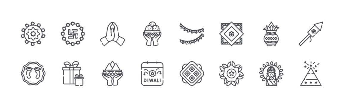set of 16 thin line diwali icons including rangoli, footprint, swastik, gifts, namaskar, color, laddu, calender, toran. editable stroke vector illustration isolated on white