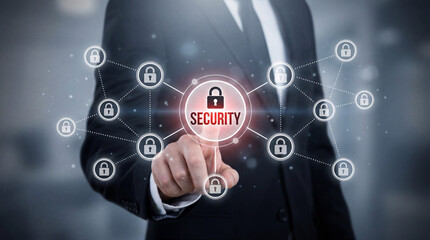 Obraz premium Businessman Touching Virtual Cyber Security Network Interface