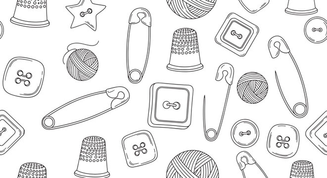 Seamless pattern of sewing supplies with buttons thimbles yarn balls and safety pins in hand drawn style