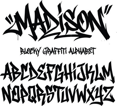 Black blocky graffiti alphabet font style with madison title