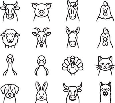 Set of farm animal head icons featuring cow pig horse chicken sheep goat donkey goose duck turkey