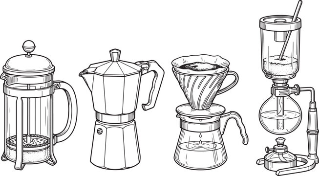 Set of coffee brewing equipment including french press moka pot pour over and siphon in line art style