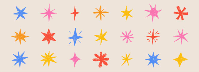 Fototapeta premium Crayon twinkles spark, hand drawn star set. Pastel brush flare glare light magic stars. Pencil scribble childlike wax pencil doodle scribble elements.