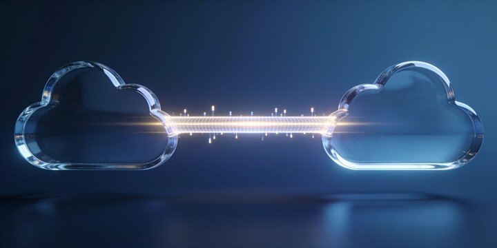 Transparent glass cloud data handoff with glowing digital bridge and light packets on dark blue technology background for secure cloud transfer