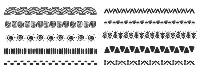 Fototapeta premium Tribal African folk border, decorative ethnic motif hand drawn doodle set. Tribal geometric design. Aztec art dividers, trendy boho separators.