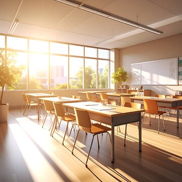A well-lit classroom with desks and chairs arranged near windows