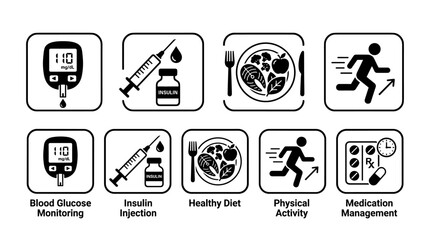 Fototapeta premium Diabetes Care and Healthy Lifestyle Management Icons Set