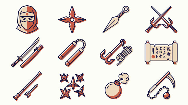 Japanese ninja warrior weapons and equipment flat vector icons collection on white background, representing martial arts illustration and gaming asset graphic design