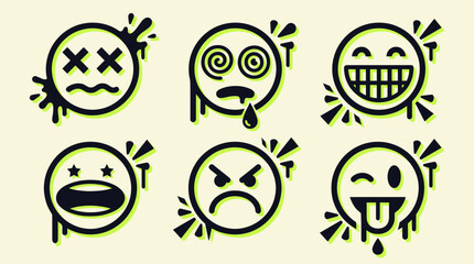 Fototapeta premium Set of graffiti style drip emoticons with various facial expressions in neon green and black, representing urban street art design, symbolizing expressive emoji communication
